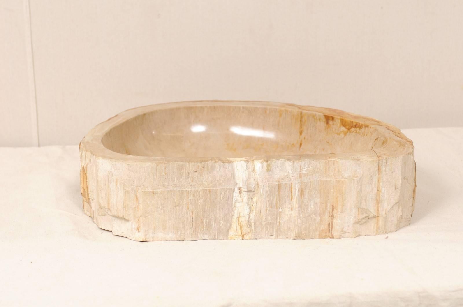 Polished Petrified Wood Sink in Cream and Beige Tones, Perfect for a Vanity 1