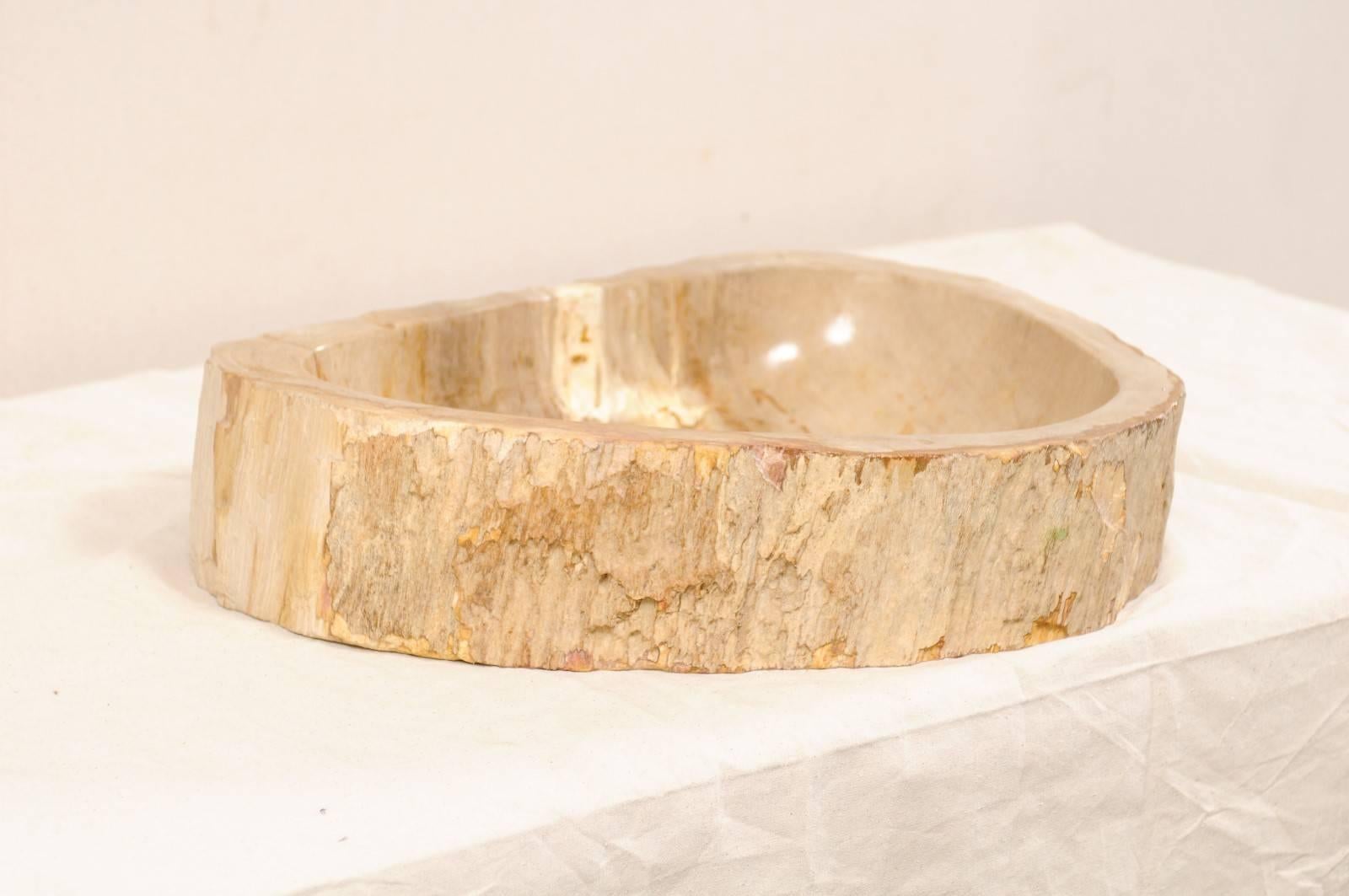 Indonesian Polished Petrified Wood Sink in Cream and Beige Tones, Perfect for a Vanity