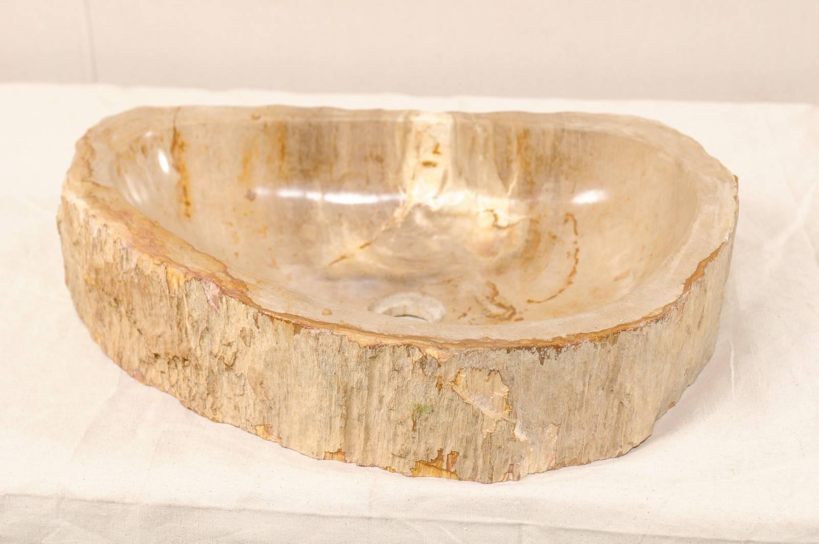 Rustic Polished Petrified Wood Sink in Cream and Beige Tones, Perfect for a Vanity