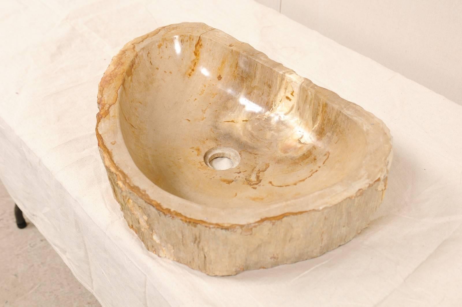 20th Century Polished Petrified Wood Sink in Cream and Beige Tones, Perfect for a Vanity