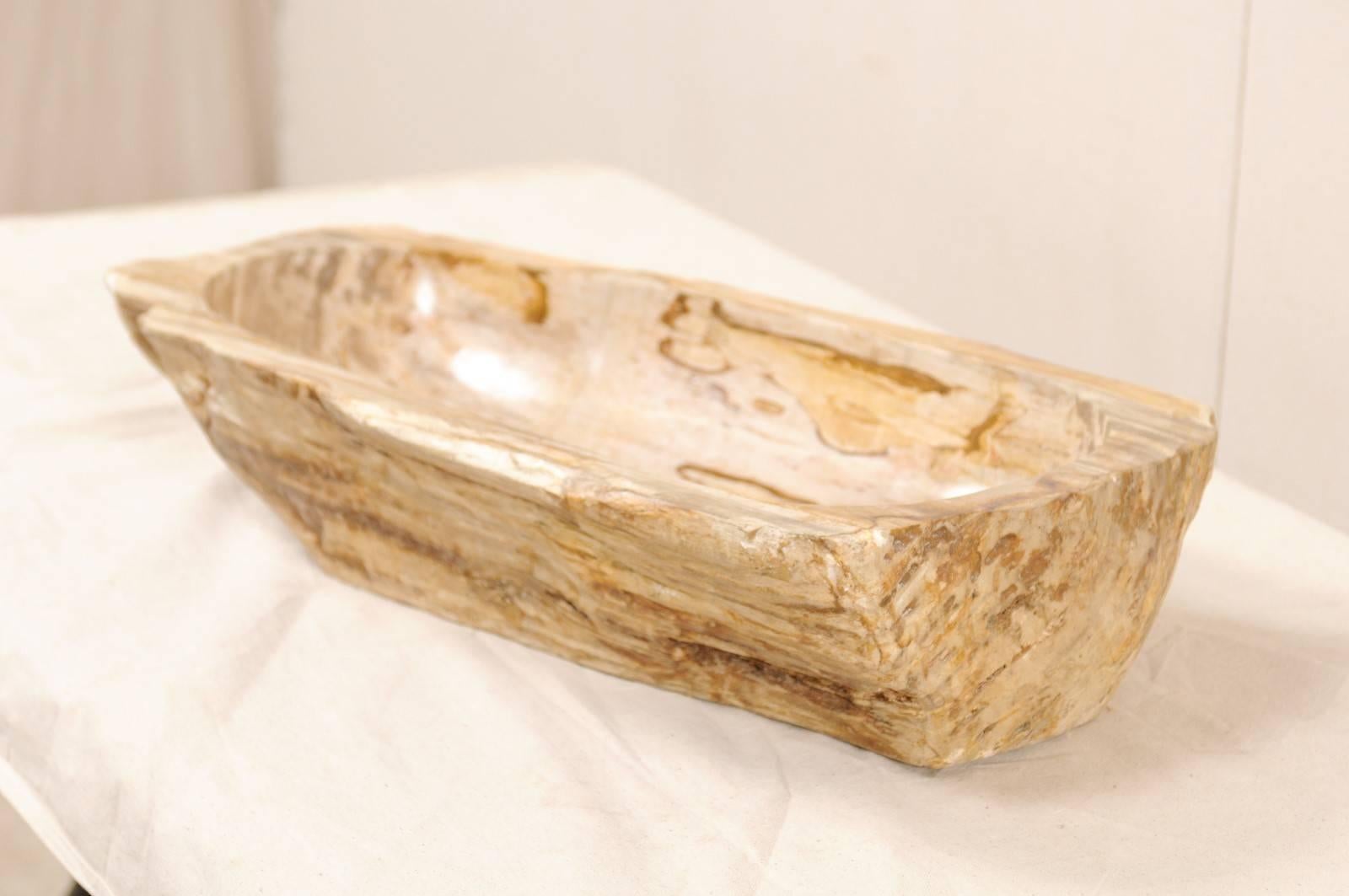Carved A Polished Petrified Wood Sink.  Oblong Shape w/ Beige, Cream & Brown Tones 