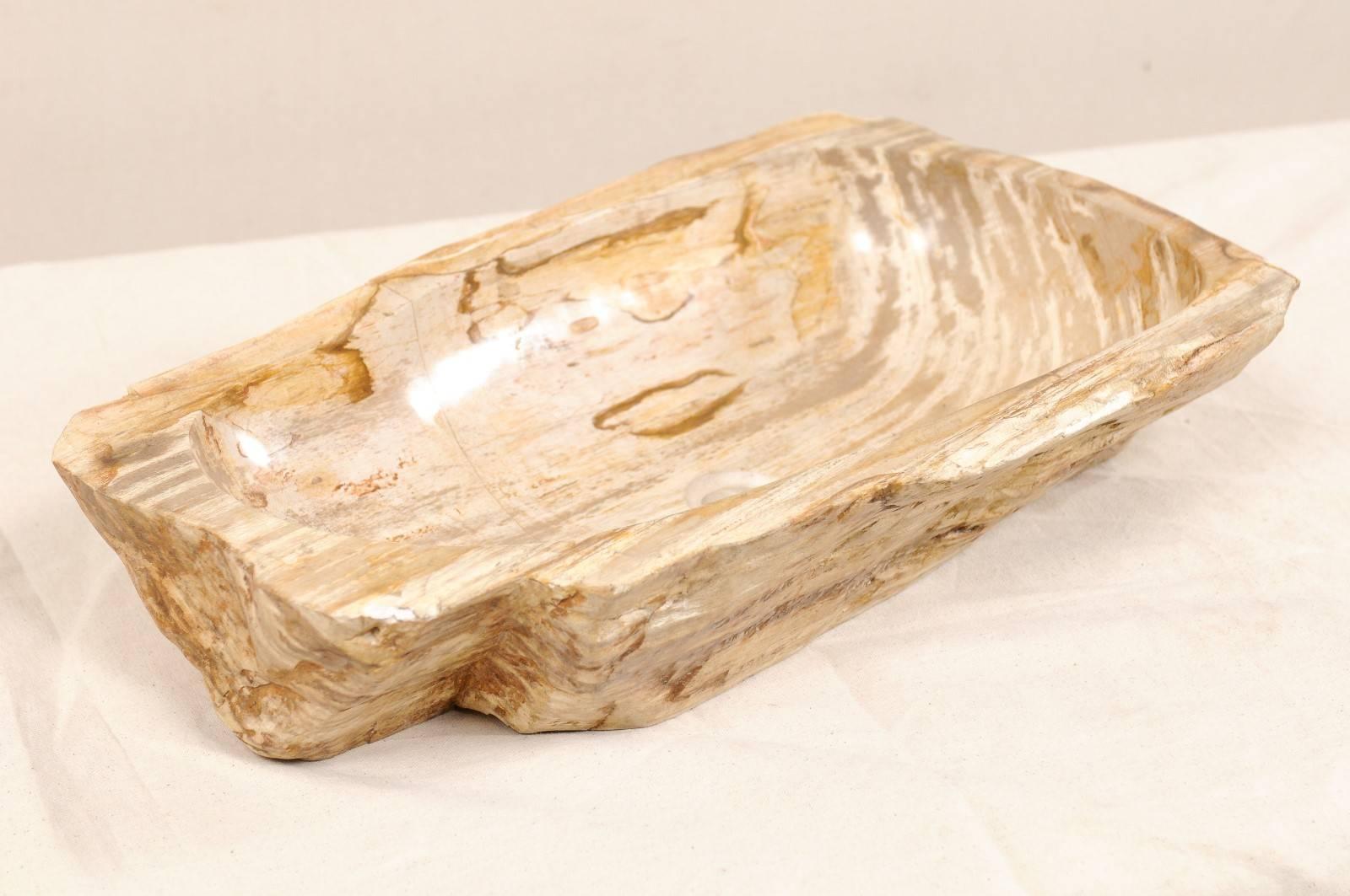 A Polished Petrified Wood Sink.  Oblong Shape w/ Beige, Cream & Brown Tones  2