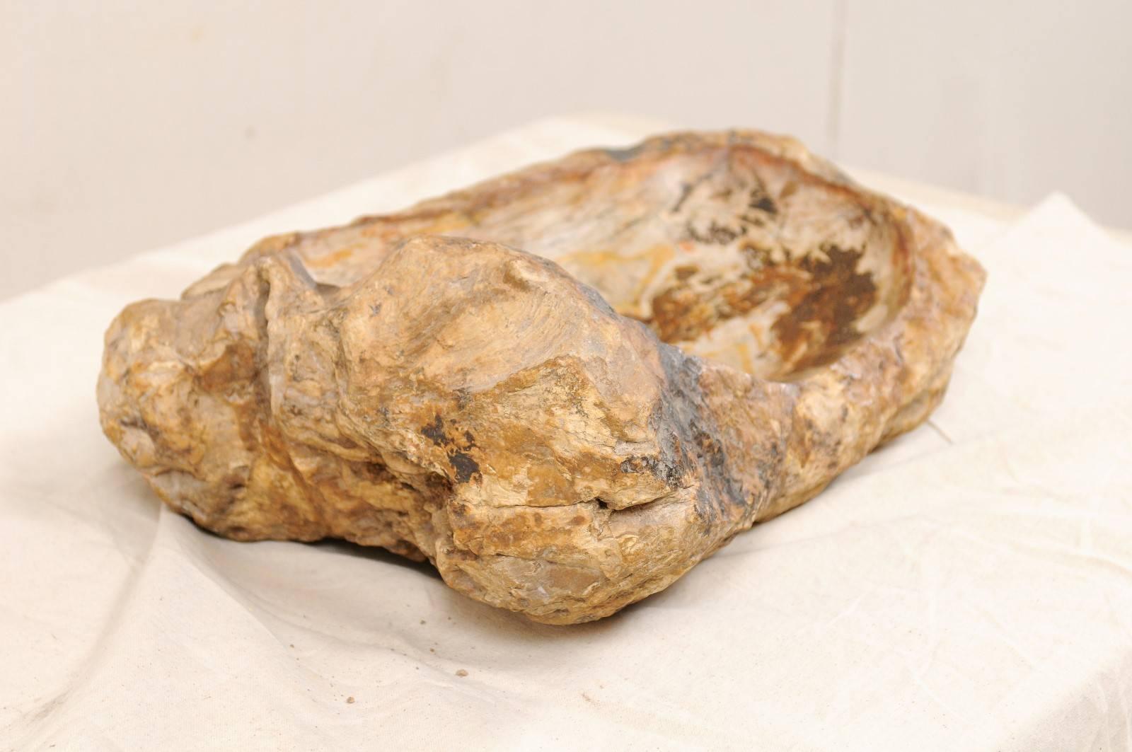 A petrified wood sink. This oblong-shaped petrified wood sink has more of a beautifully rustic and natural appearance with it's knobby and raised exterior. The colors are primarily in various beige and brown tones, with deep brown tones throughout.