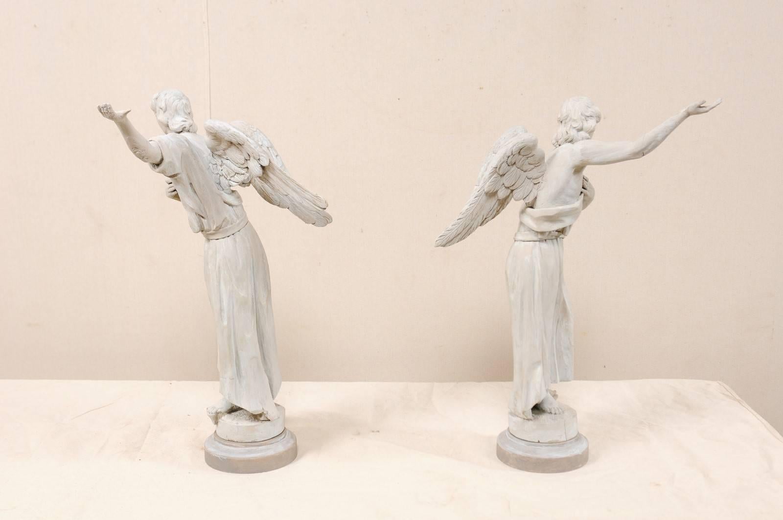 Pair of French 19th Century Hand Carved Wood Angelic Statues in Light Grey 2