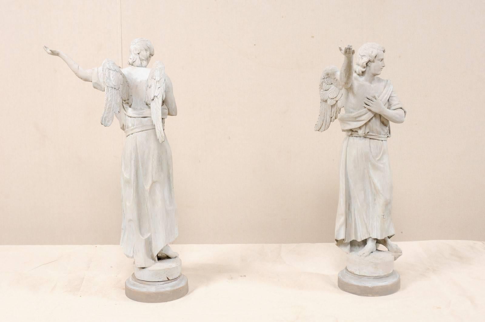 Hand-Carved Pair of French 19th Century Hand Carved Wood Angelic Statues in Light Grey