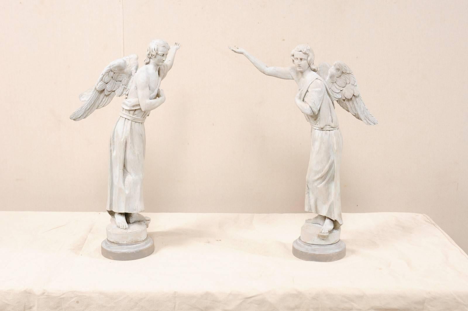 Pair of French 19th Century Hand Carved Wood Angelic Statues in Light Grey 4