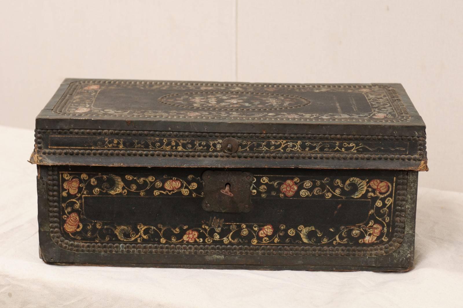 Carved 19th Century Chinese Camphor Wood and Leather Trunk with Hand-Painted Flowers