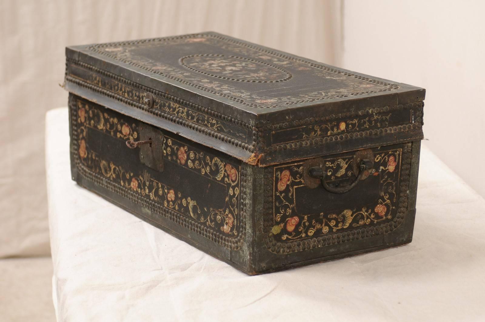 19th Century Chinese Camphor Wood and Leather Trunk with Hand-Painted Flowers In Good Condition In Atlanta, GA