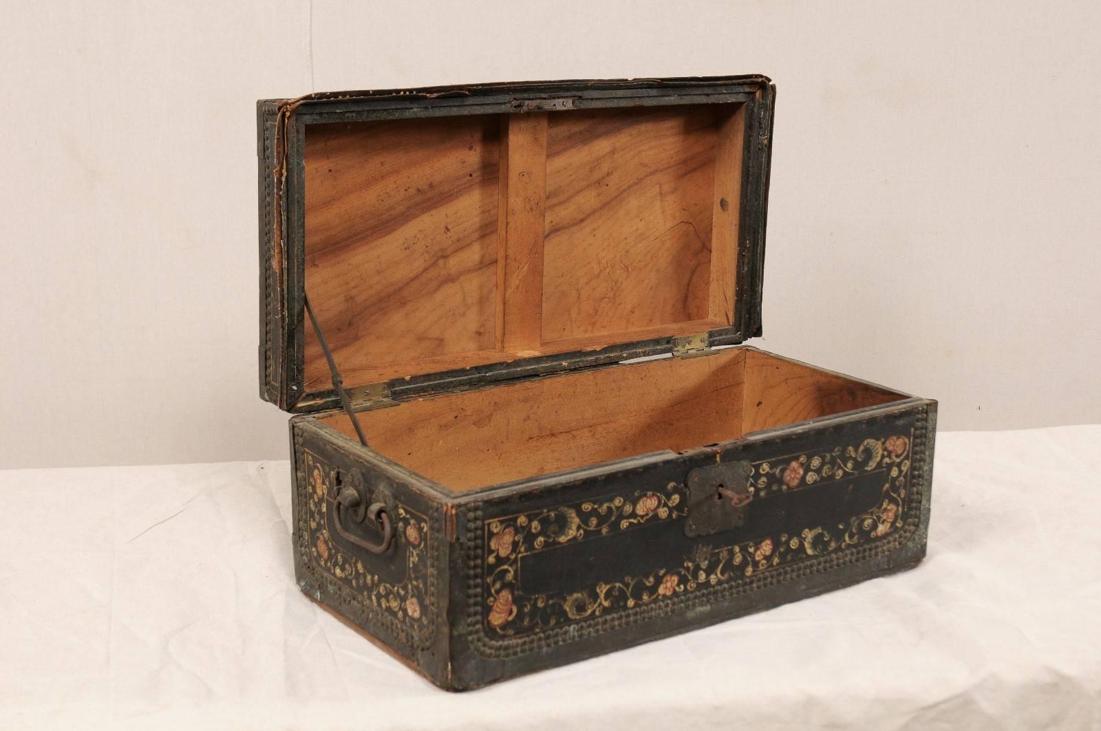 Metal 19th Century Chinese Camphor Wood and Leather Trunk with Hand-Painted Flowers