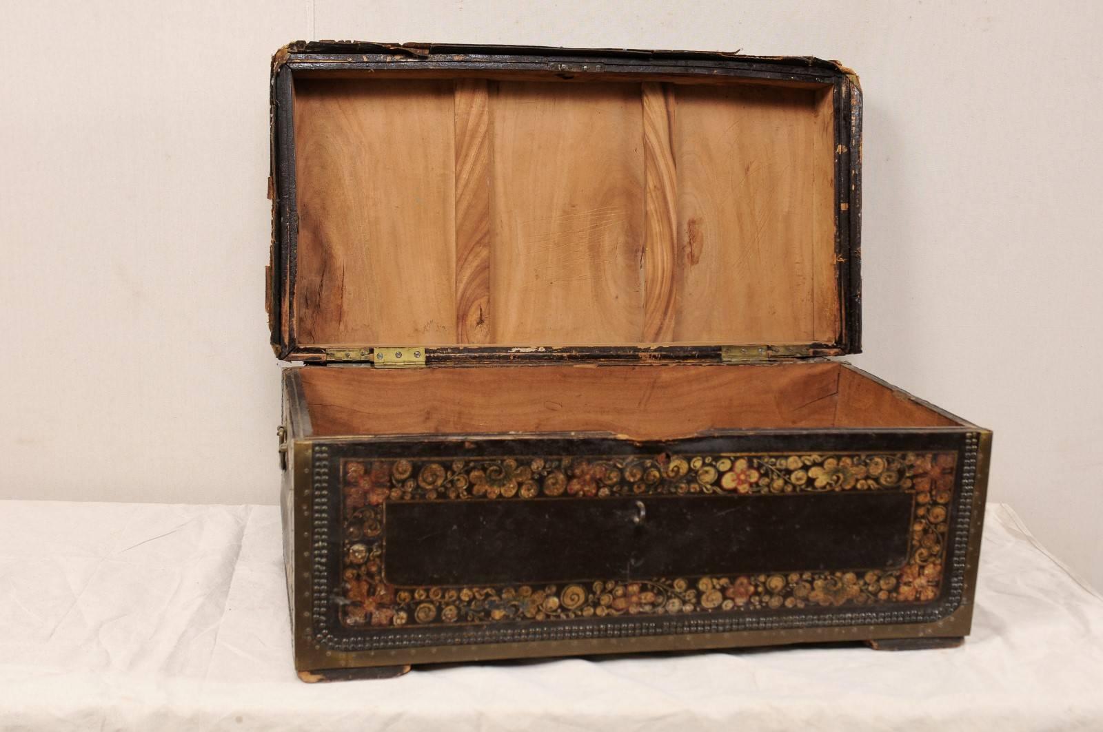 Carved 19th Century Chinese Wood and Hand Painted Leather Trunk with Nail Head Accents For Sale