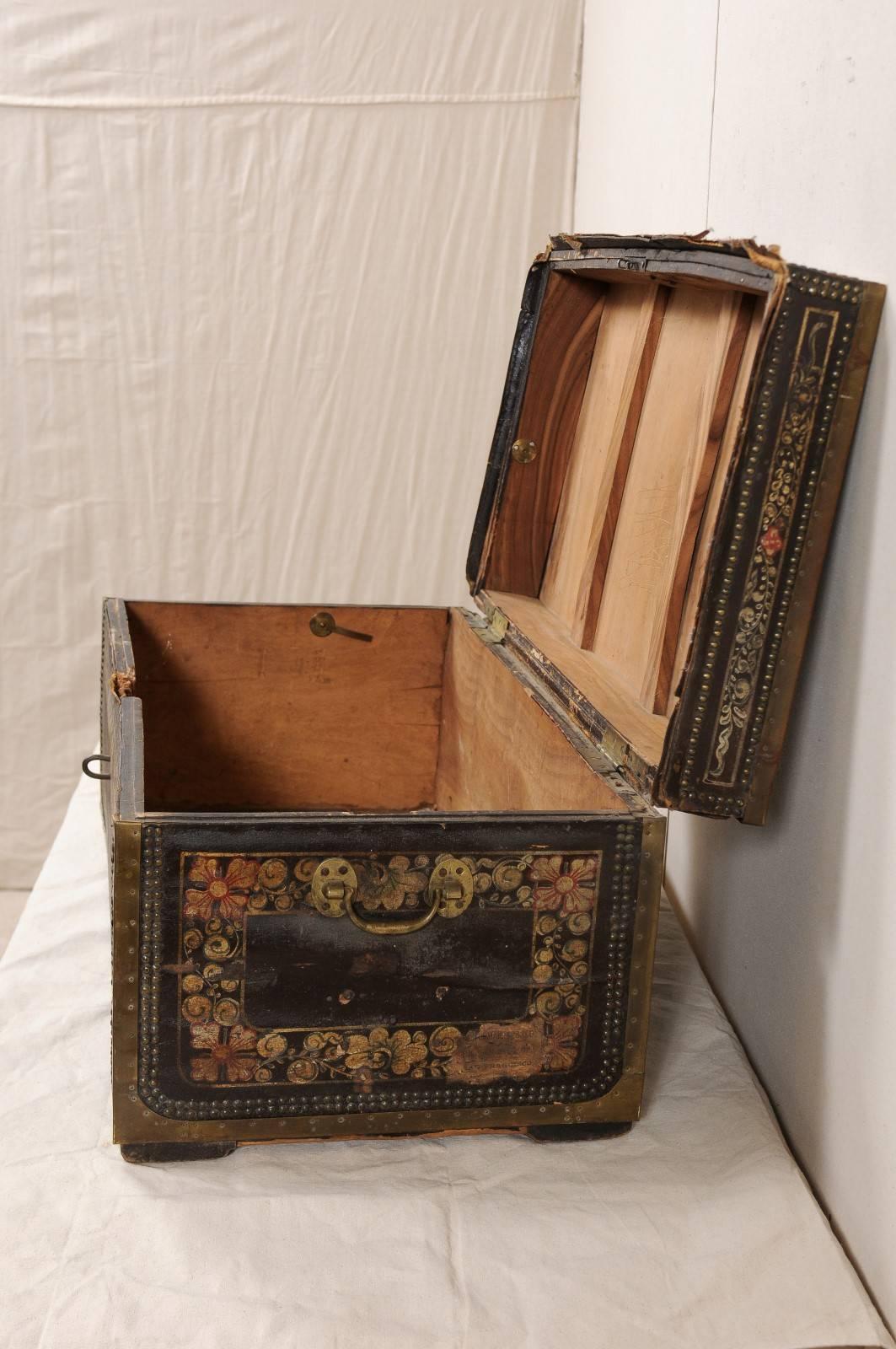 19th Century Chinese Wood and Hand Painted Leather Trunk with Nail Head Accents In Good Condition For Sale In Atlanta, GA