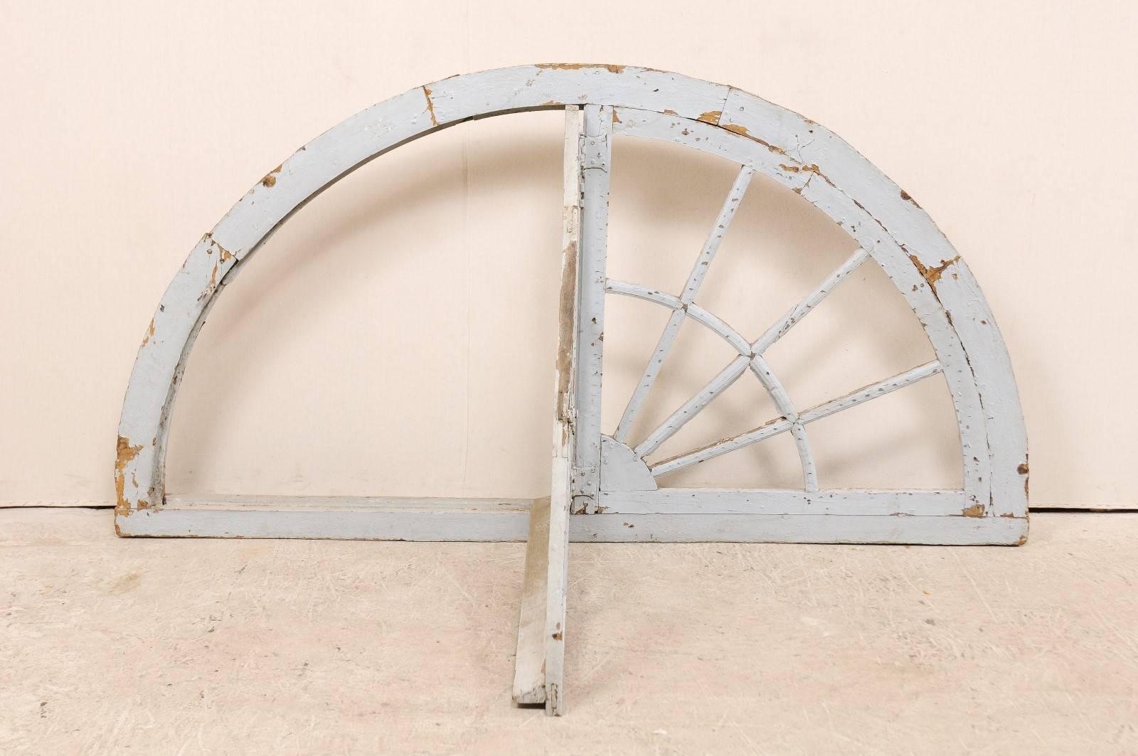 Rustic French 19th Century Large Painted Pale Blue Half Circle Window Casement For Sale