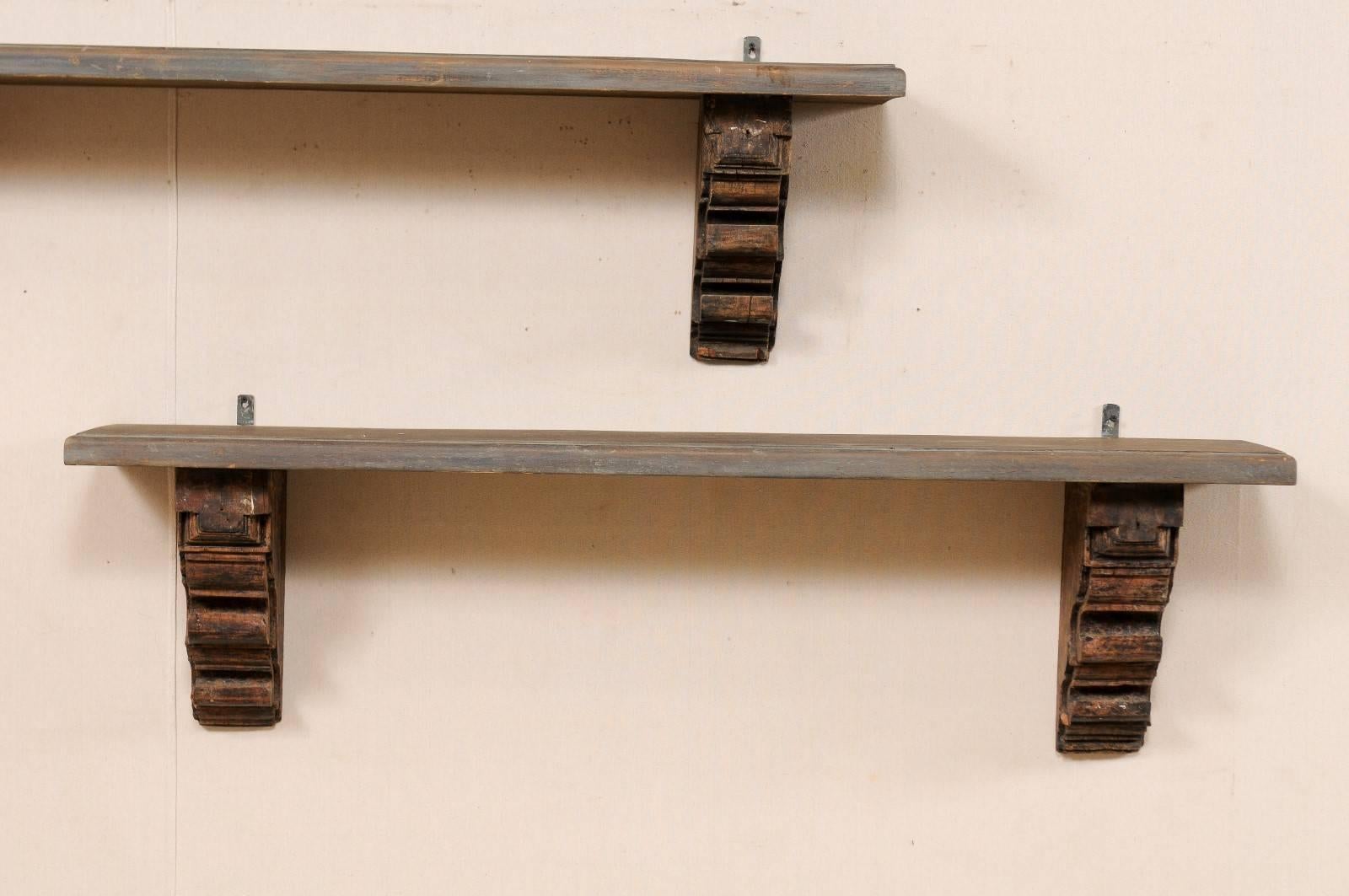 Indian Pair of Unique Italian Style Shelves Made of Lovely Old Carved Wood Brackets For Sale