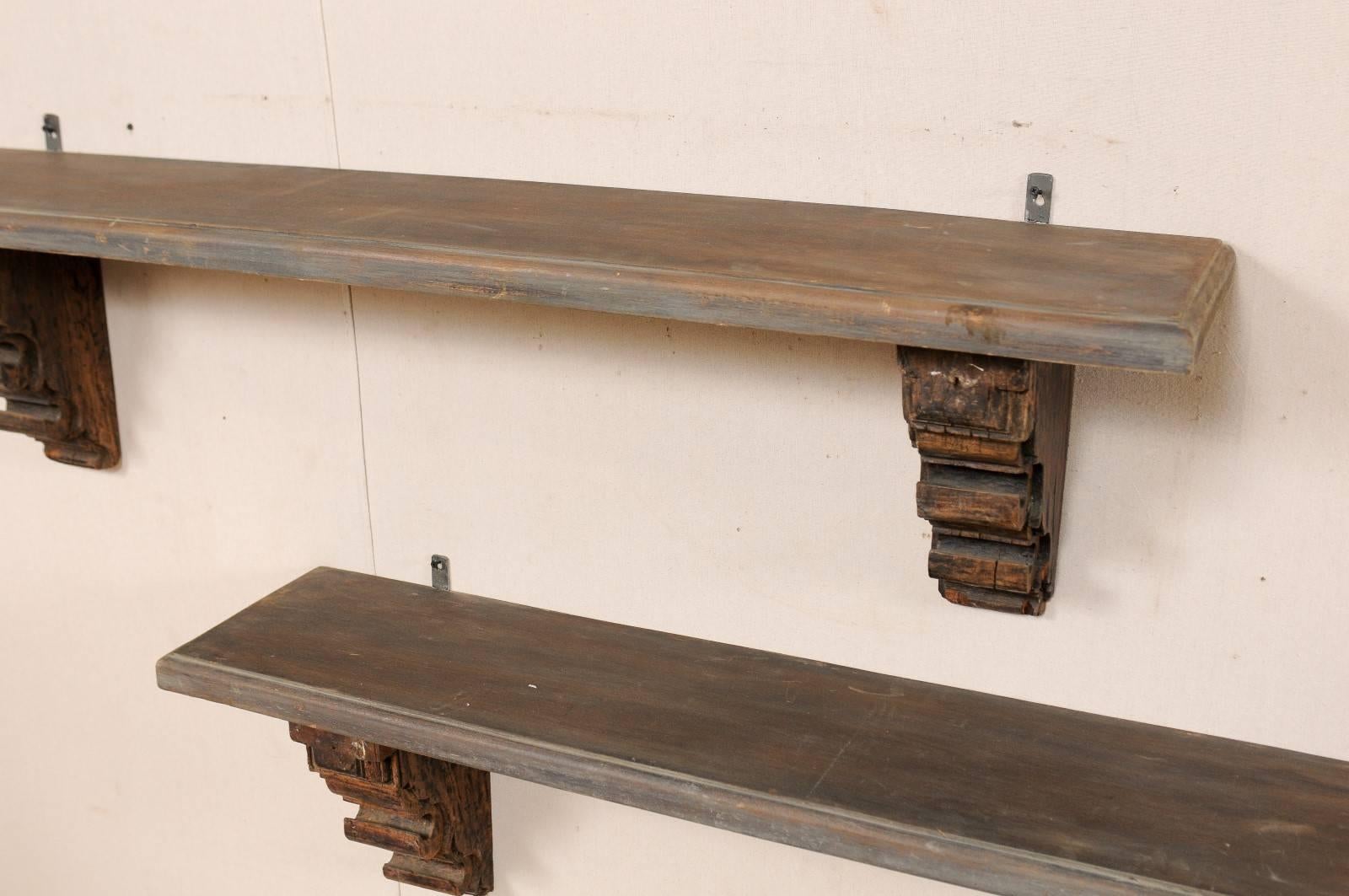 Pair of Unique Italian Style Shelves Made of Lovely Old Carved Wood Brackets For Sale 1
