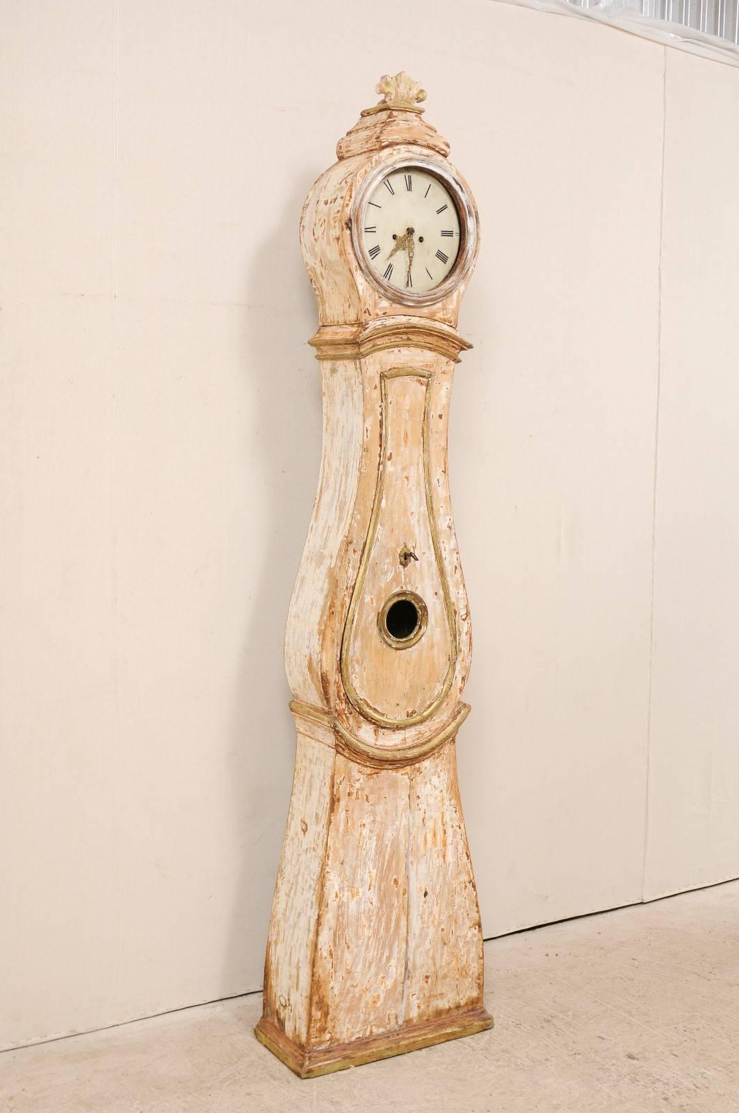 Carved 19th Century Swedish Floor Clock Scraped to Original Lovely Natural Wood Finish For Sale