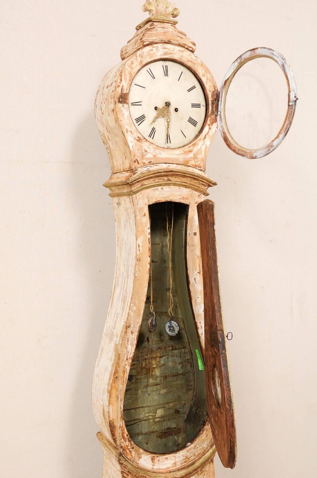 Metal 19th Century Swedish Floor Clock Scraped to Original Lovely Natural Wood Finish For Sale