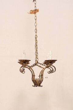 French Six-Light Forged and Hammered Iron Chandelier in Gold Colored Finish