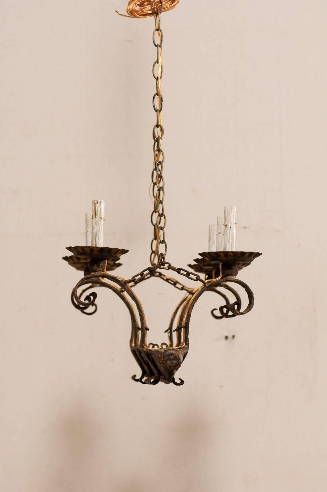 20th Century French Six-Light Forged and Hammered Iron Chandelier in Gold Colored Finish For Sale