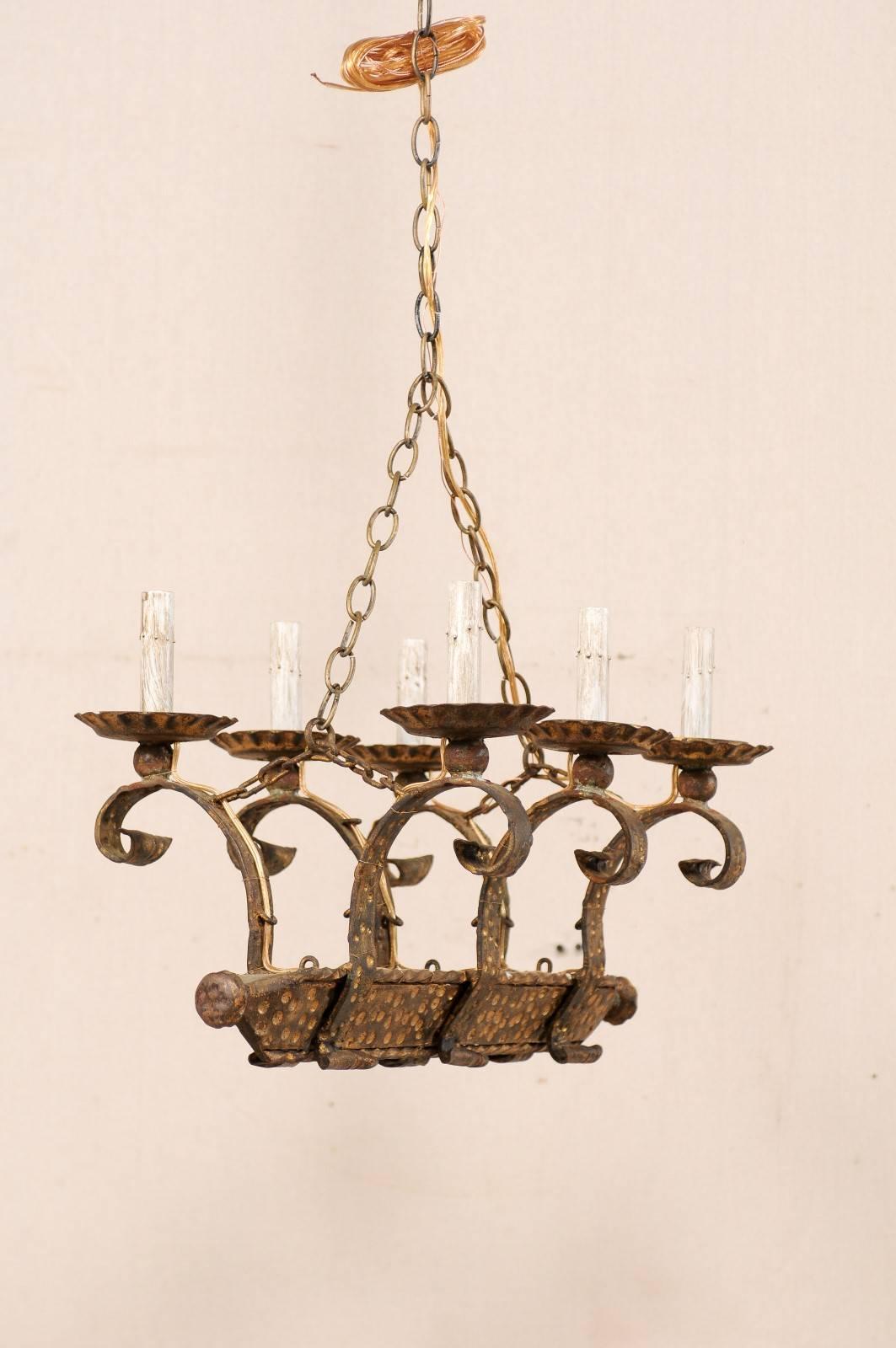 French Six-Light Forged and Hammered Iron Chandelier in Gold Colored Finish In Good Condition For Sale In Atlanta, GA