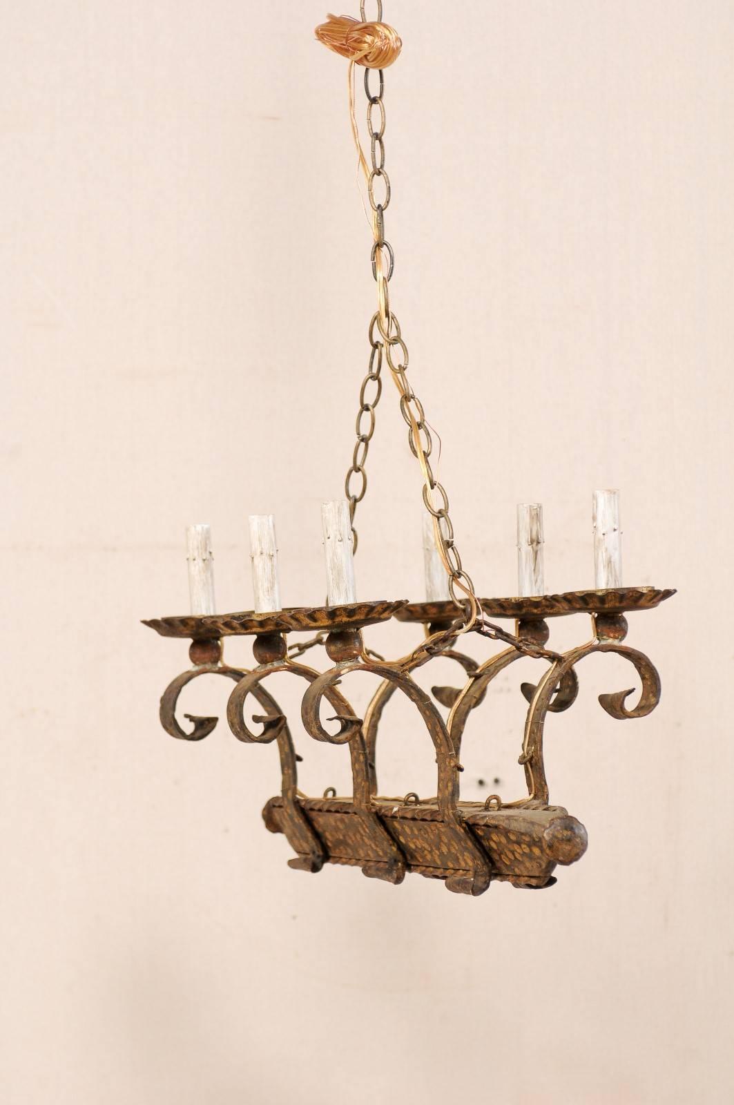 French Six-Light Forged and Hammered Iron Chandelier in Gold Colored Finish For Sale 1