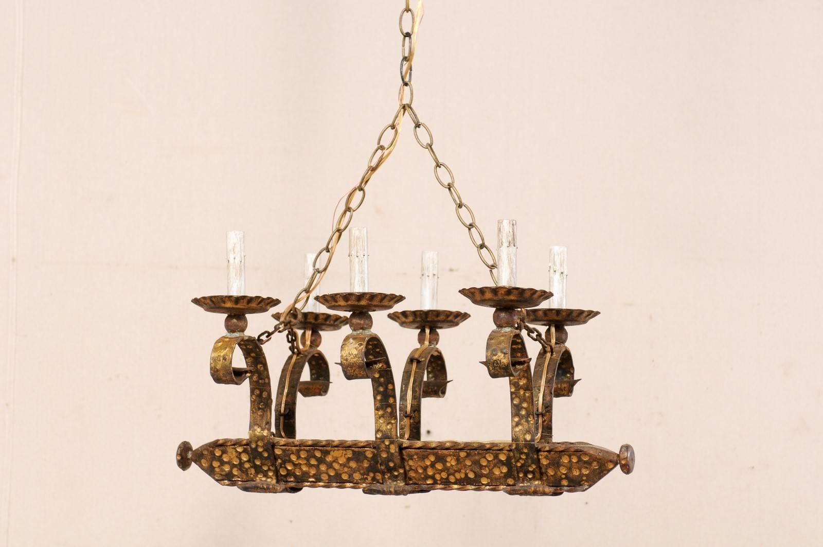 French Six-Light Forged and Hammered Iron Chandelier in Gold Colored Finish For Sale 3