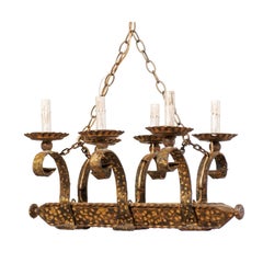 French Six-Light Forged and Hammered Iron Chandelier in Gold Colored Finish
