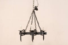 Forged Iron Vintage French Chandelier with Pierced Clover Motif Pattern