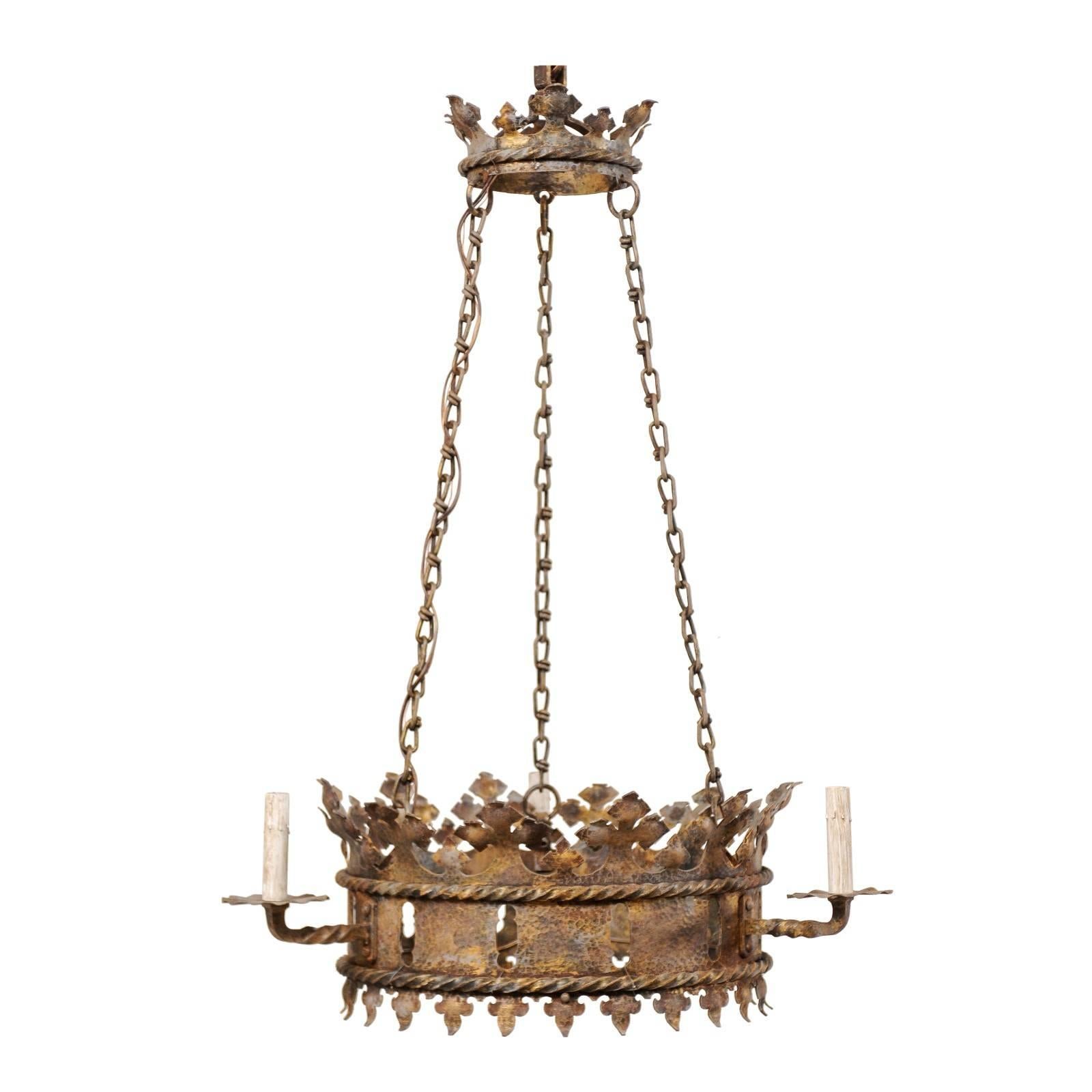 French Midcentury Ring Shaped Iron Crown Chandelier with Gold Accents
