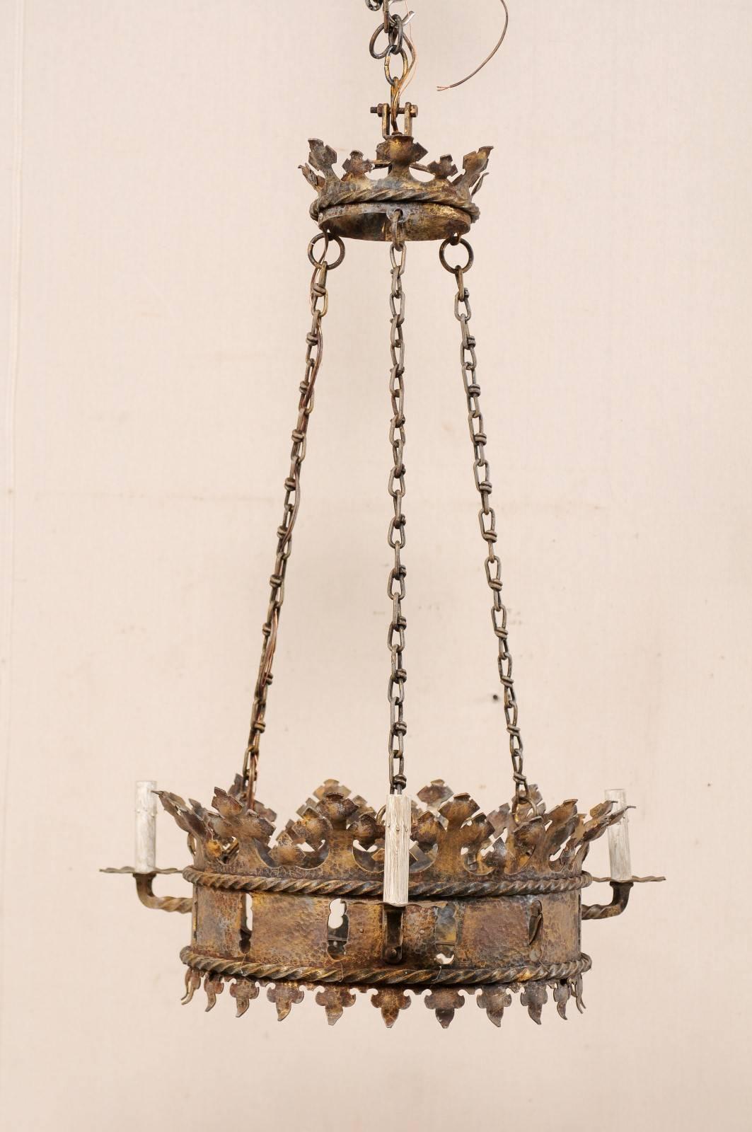 Patinated French Midcentury Ring Shaped Iron Crown Chandelier with Gold Accents