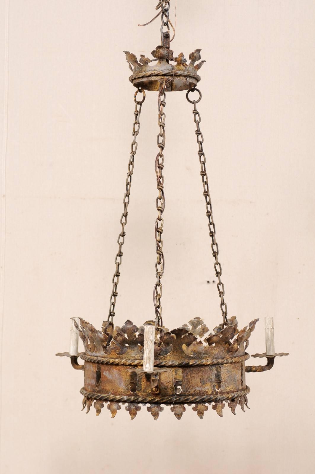 20th Century French Midcentury Ring Shaped Iron Crown Chandelier with Gold Accents