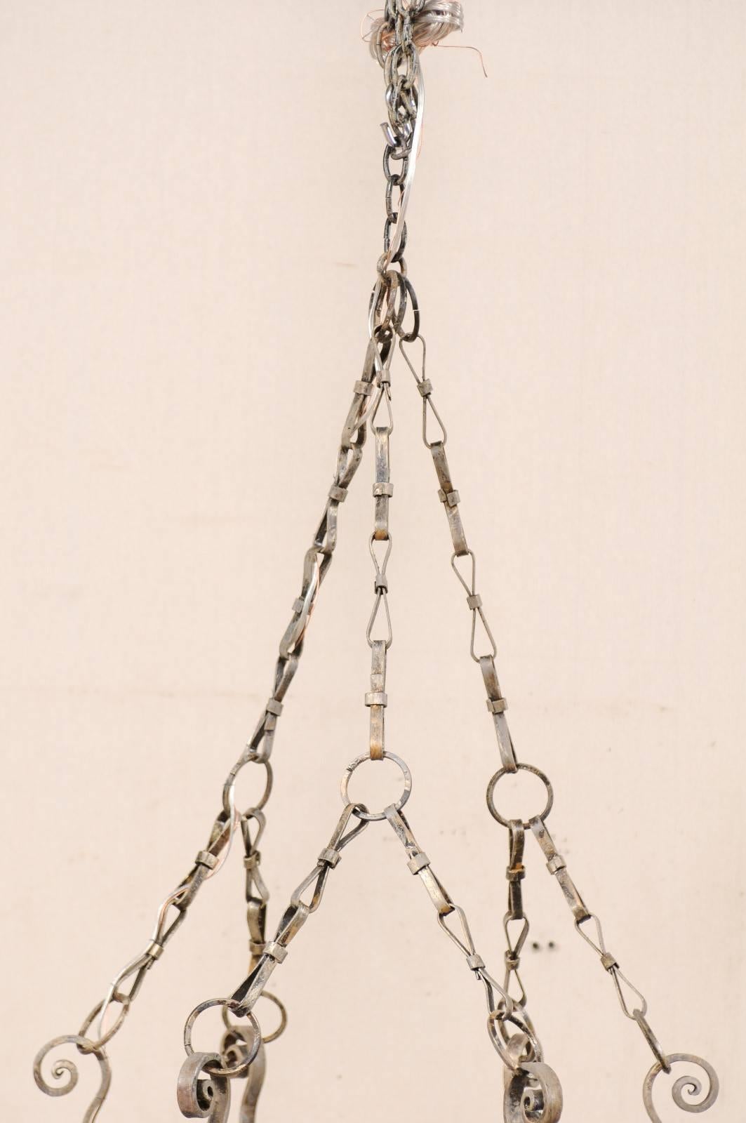 French Six-Light Iron Ring Chandelier w/ Lovely Scrolling Motif & Bow-Tie Chains In Good Condition In Atlanta, GA