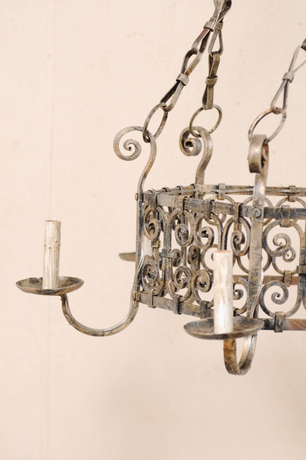 French Six-Light Iron Ring Chandelier w/ Lovely Scrolling Motif & Bow-Tie Chains 2