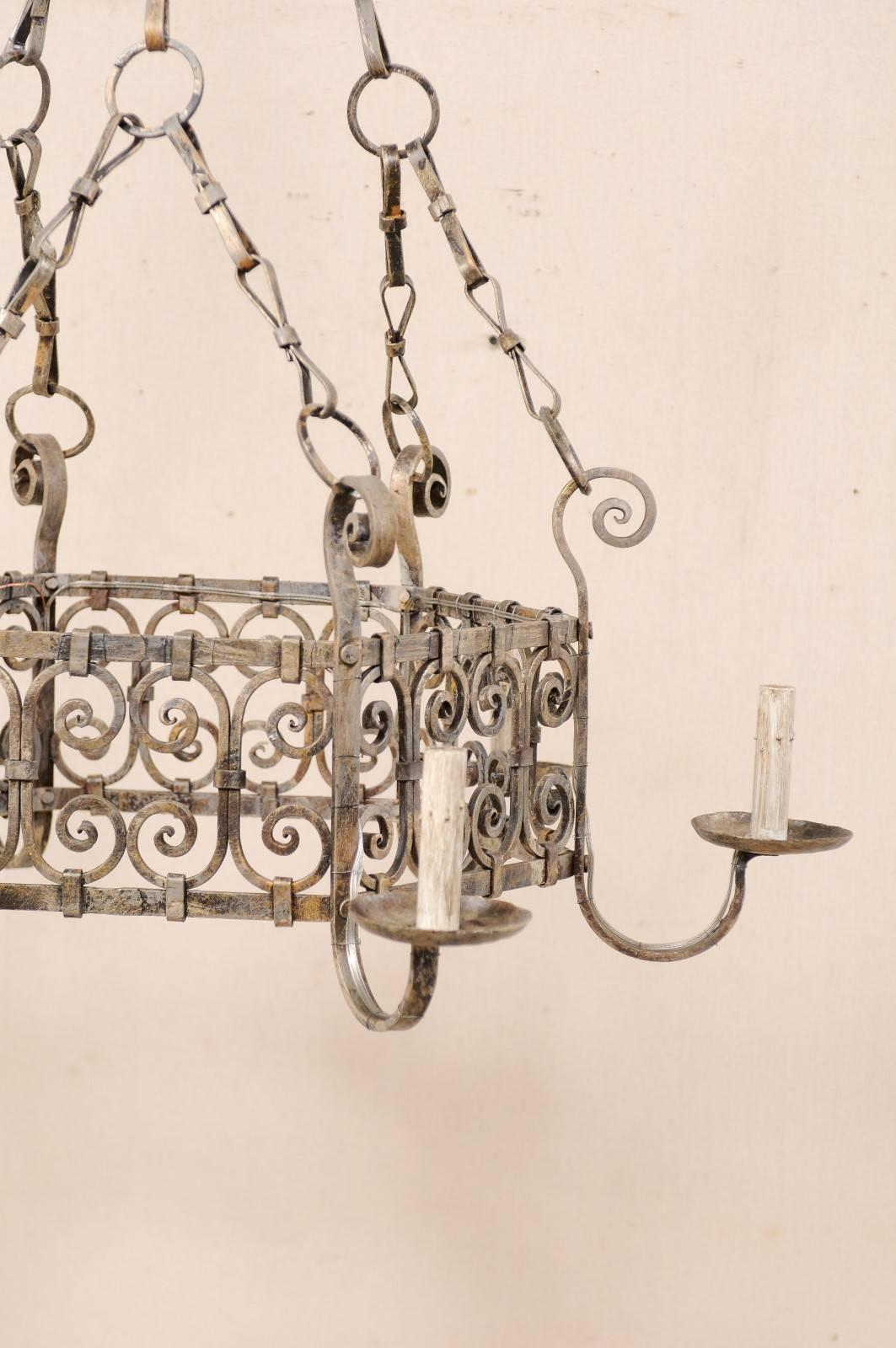 French Six-Light Iron Ring Chandelier w/ Lovely Scrolling Motif & Bow-Tie Chains 4
