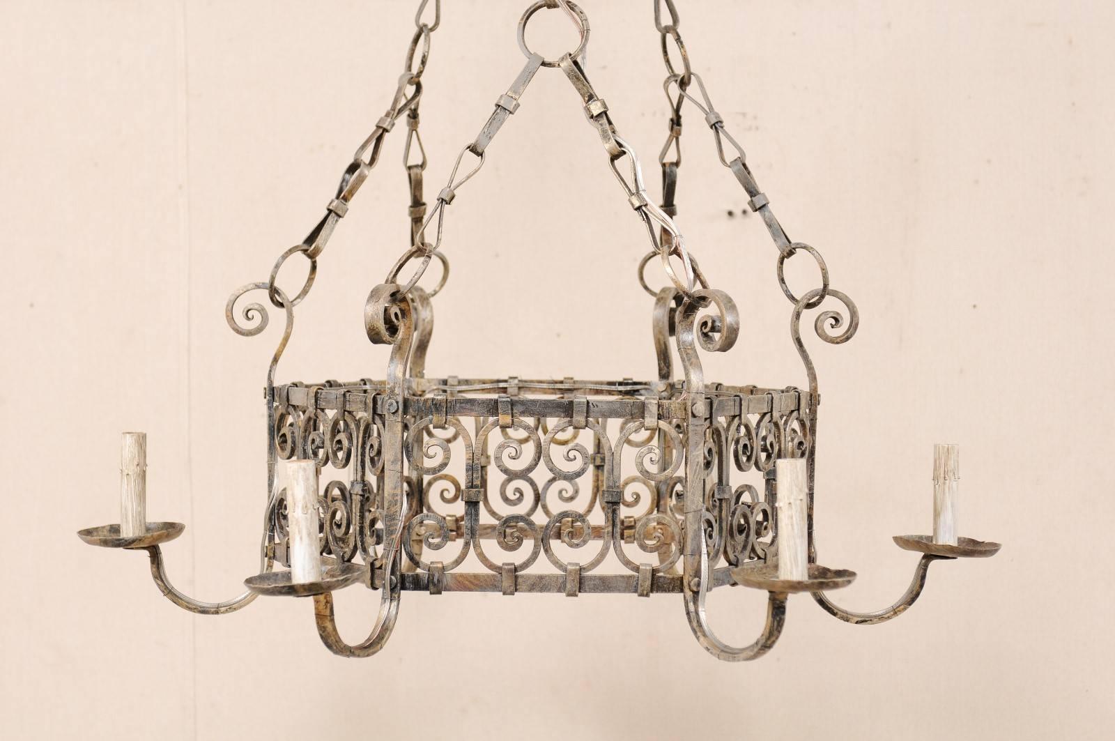 Painted French Six-Light Iron Ring Chandelier w/ Lovely Scrolling Motif & Bow-Tie Chains