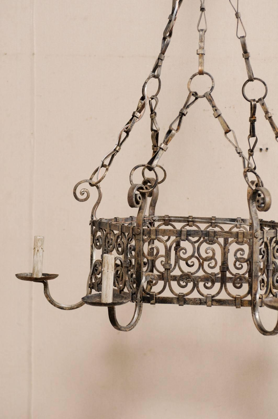 French Six-Light Iron Ring Chandelier w/ Lovely Scrolling Motif & Bow-Tie Chains 1