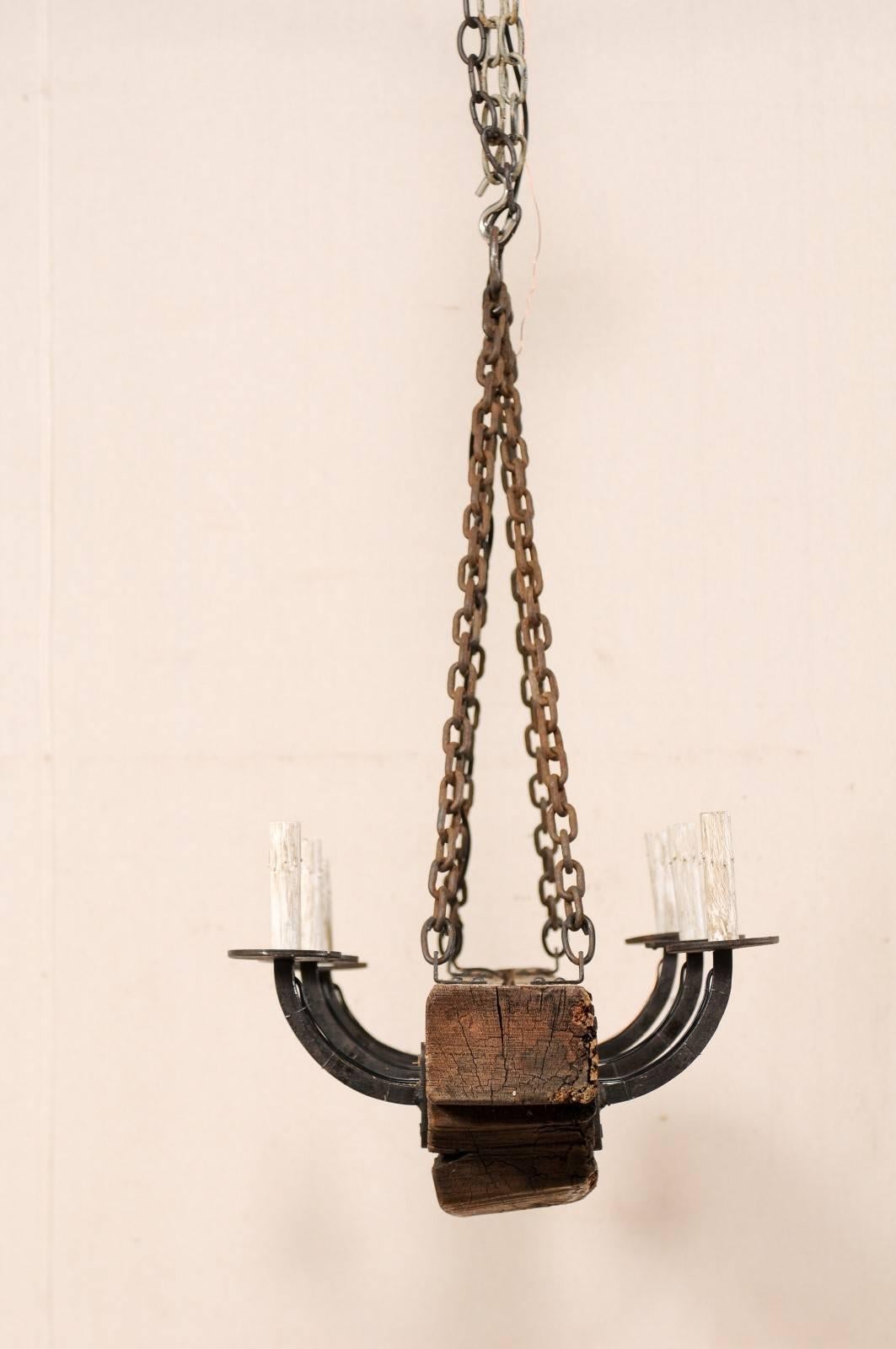 20th Century French Rustic Wood Beam Chandelier with Six Forged Iron Arms, Mid 20th C. For Sale