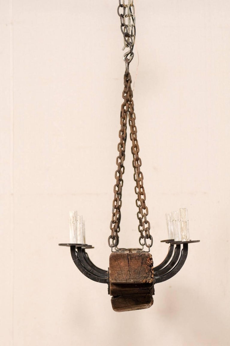 French Vintage Midcentury Rustic Wood Beam Chandelier with ...