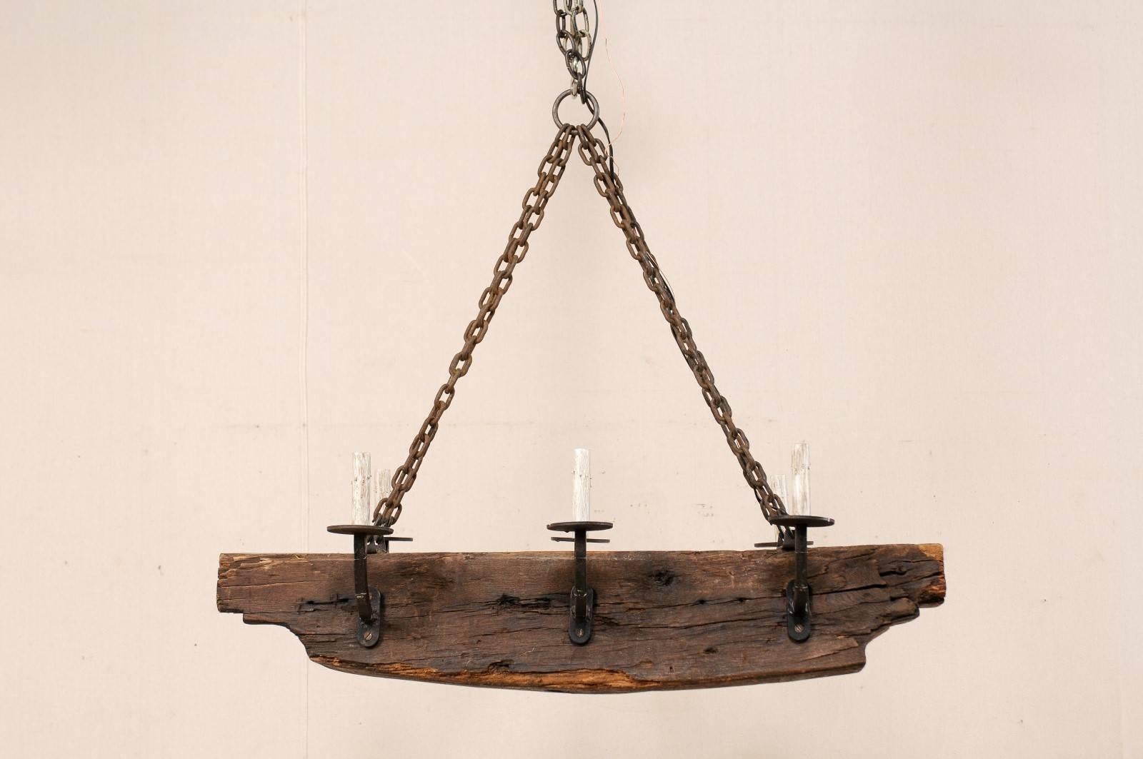 French Rustic Wood Beam Chandelier with Six Forged Iron Arms, Mid 20th C. For Sale 2