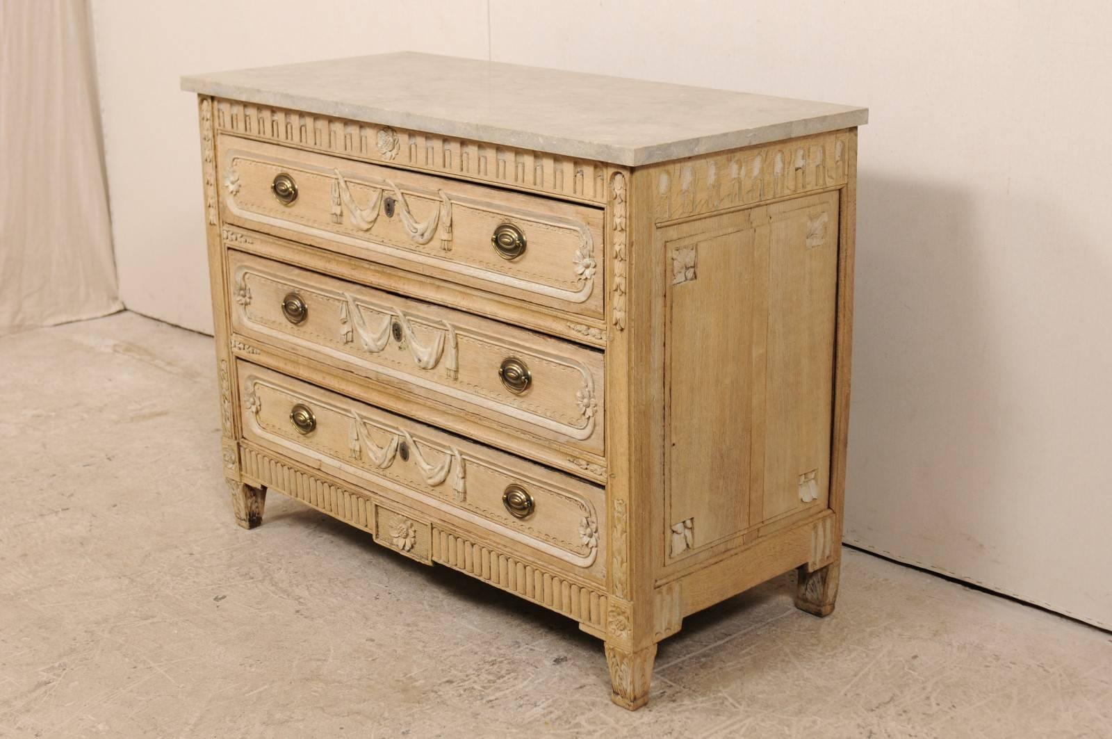 French, Early 19th Century Carved Pale Wood Chest with Honed Grey Marble Top 1