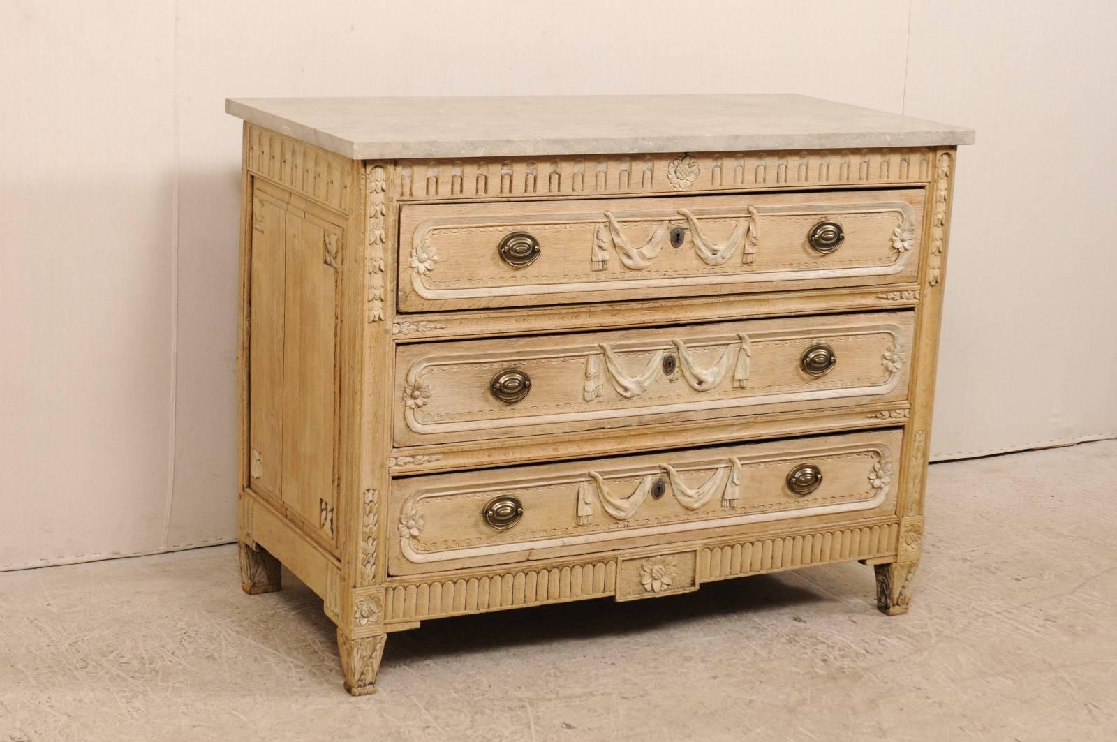 French, Early 19th Century Carved Pale Wood Chest with Honed Grey Marble Top In Good Condition In Atlanta, GA