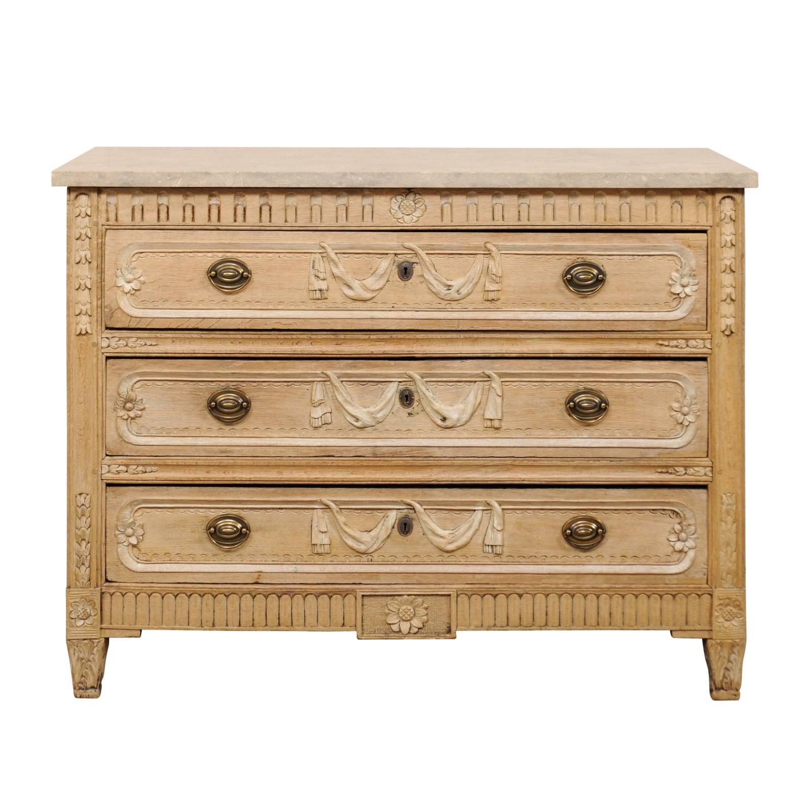 French, Early 19th Century Carved Pale Wood Chest with Honed Grey Marble Top