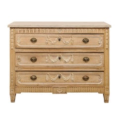 French, Early 19th Century Carved Pale Wood Chest with Honed Grey Marble Top