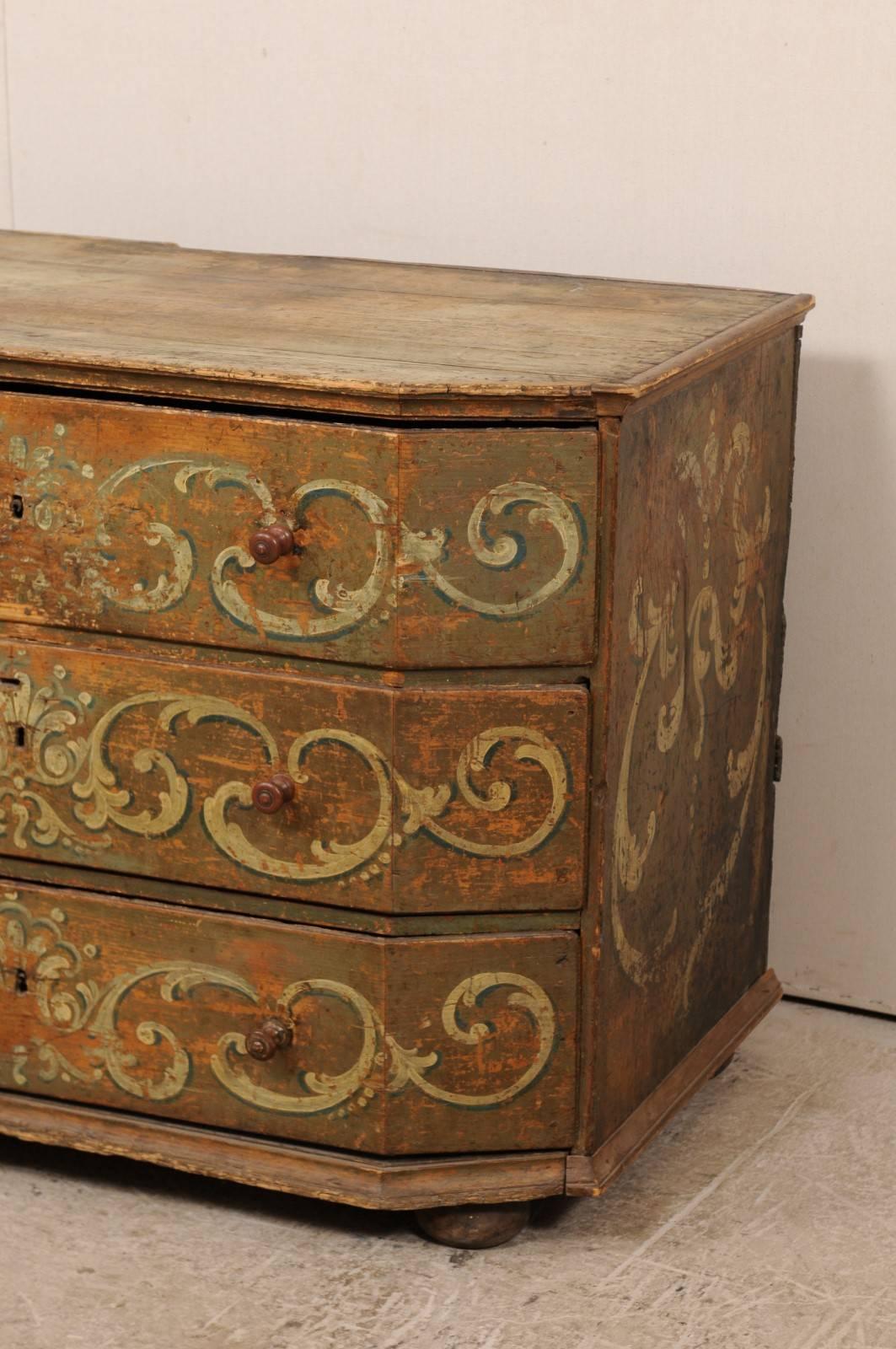 Carved A Large 18th Century Beautifully Hand-Painted Wood Three-Drawer Commode, Italy  For Sale