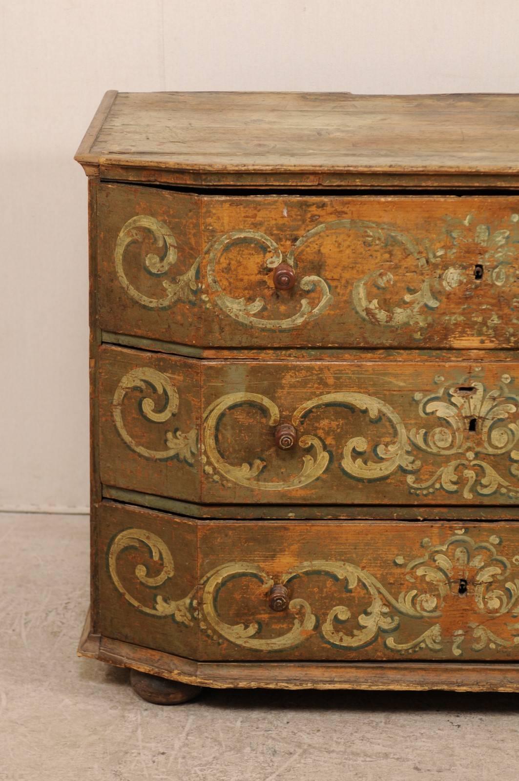 Italian A Large 18th Century Beautifully Hand-Painted Wood Three-Drawer Commode, Italy  For Sale