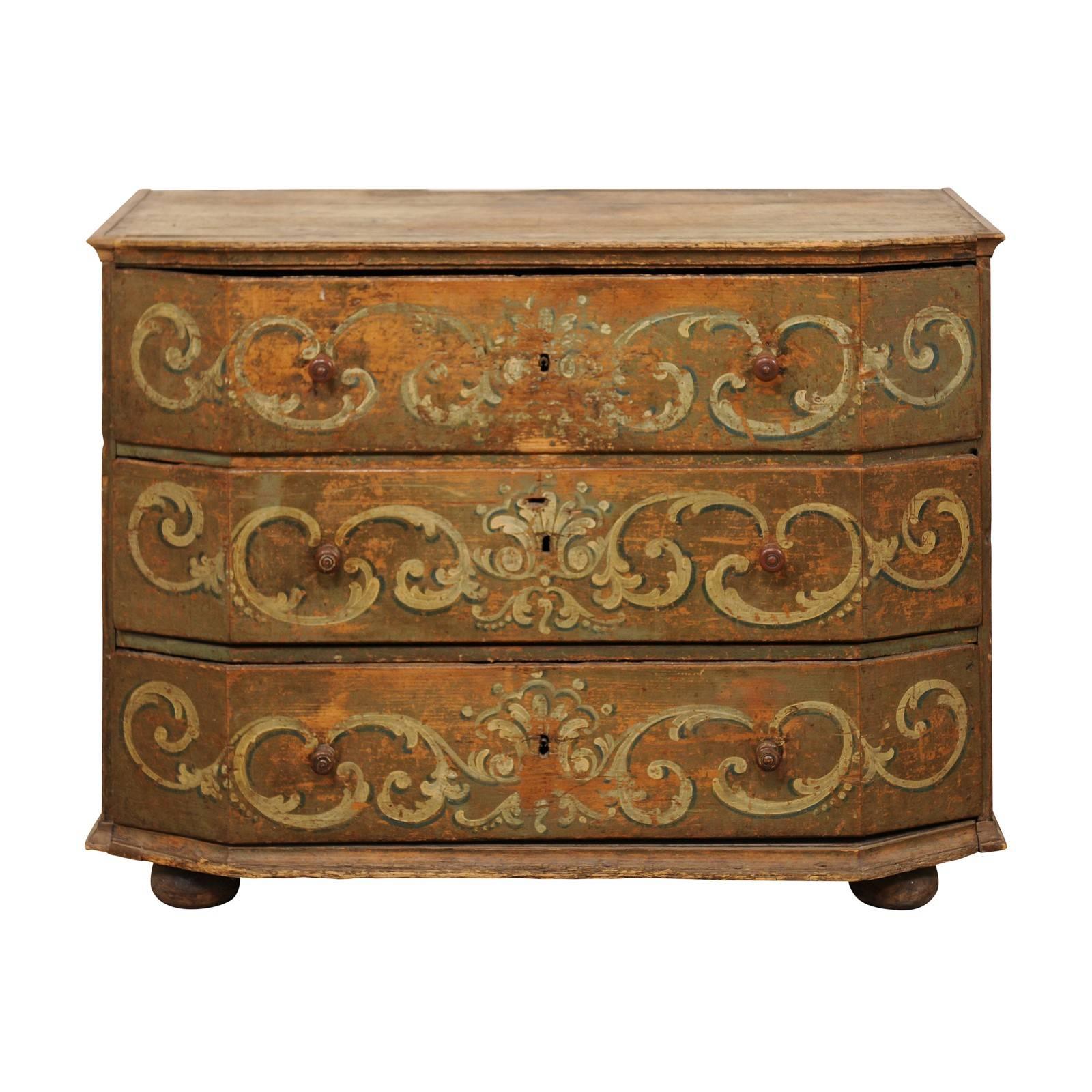 A Large 18th Century Beautifully Hand-Painted Wood Three-Drawer Commode, Italy 