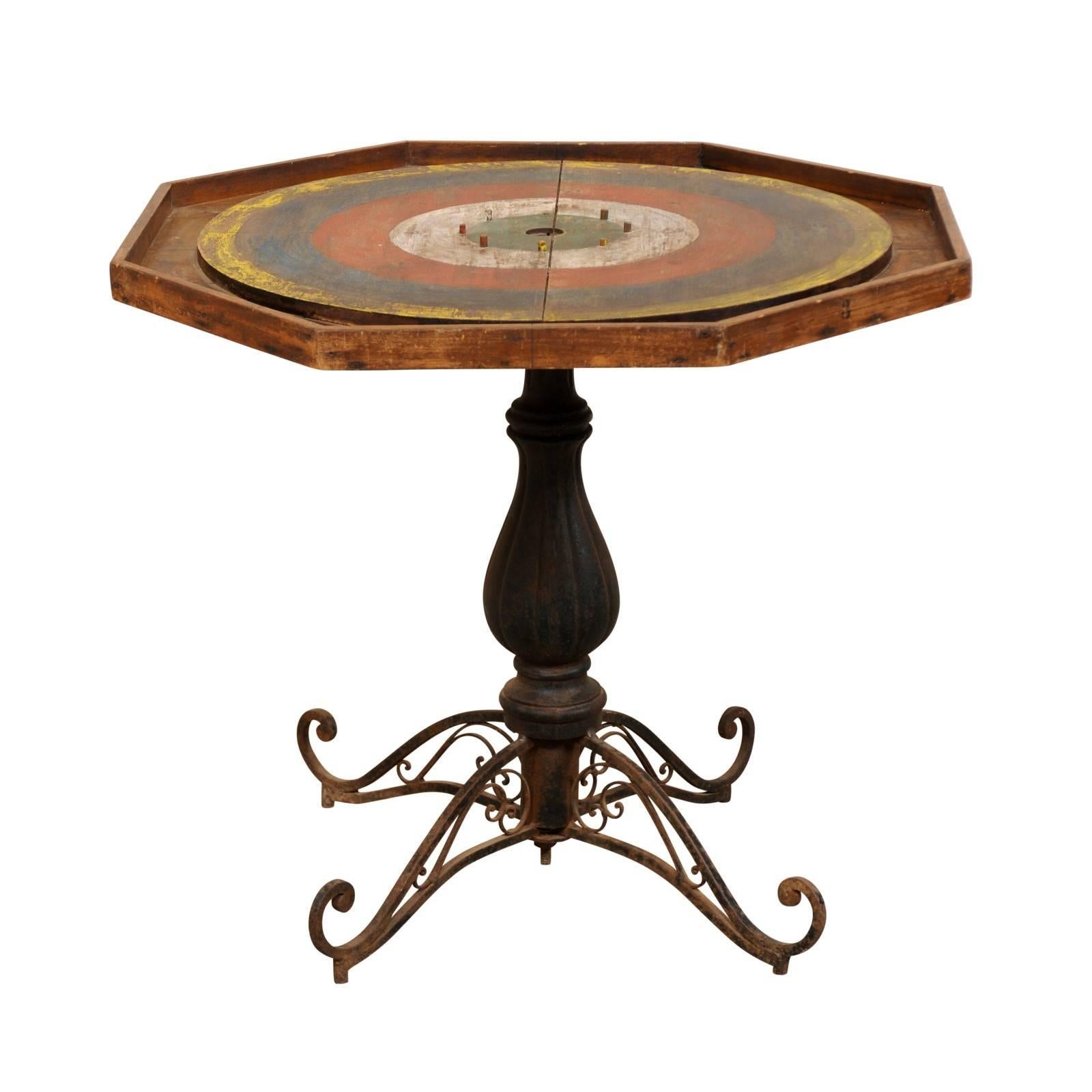 Whimsical Late 19th Century Crokinole Gaming Pedestal Table of Iron and Wood