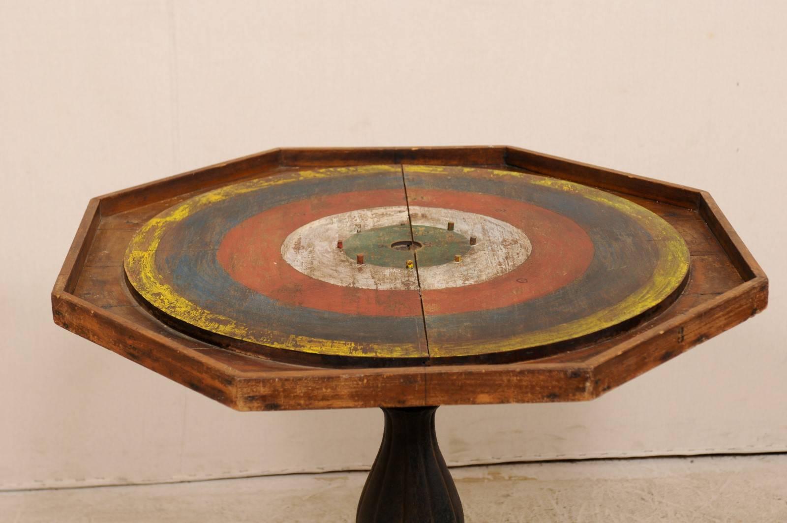 American Whimsical Late 19th Century Crokinole Gaming Pedestal Table of Iron and Wood