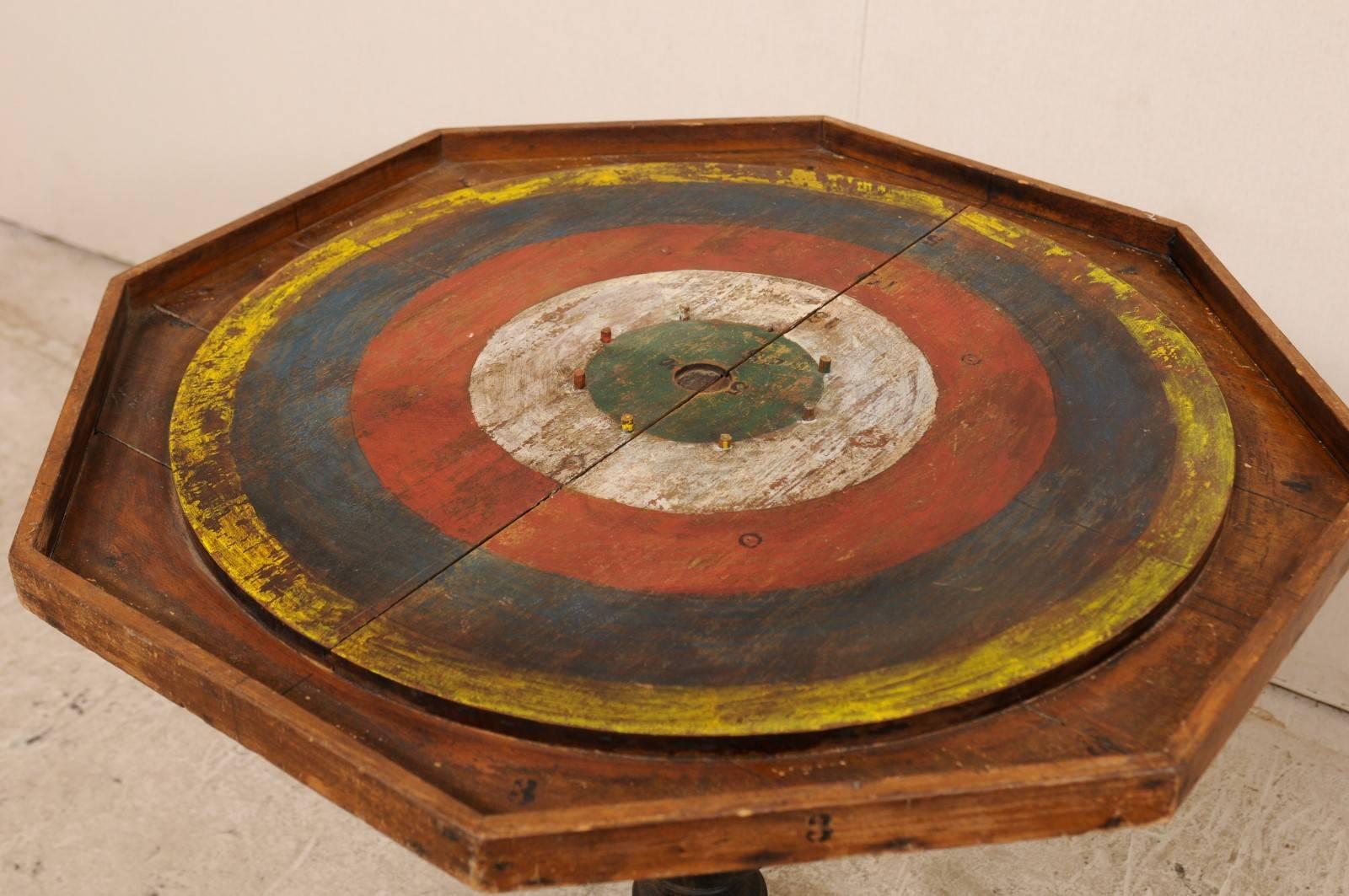Whimsical Late 19th Century Crokinole Gaming Pedestal Table of Iron and Wood In Good Condition In Atlanta, GA