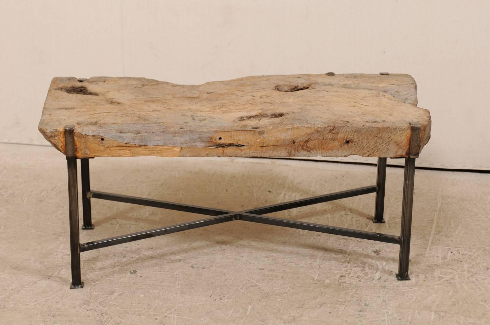 Spanish 19th Century Rustic Wood Slab Coffee Table with Custom Black Iron Base 1