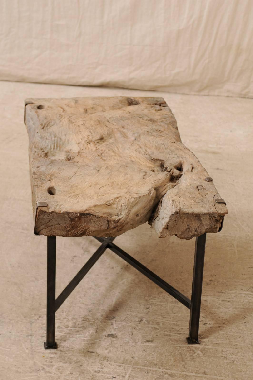 Spanish 19th Century Rustic Wood Slab Coffee Table with Custom Black Iron Base In Good Condition In Atlanta, GA